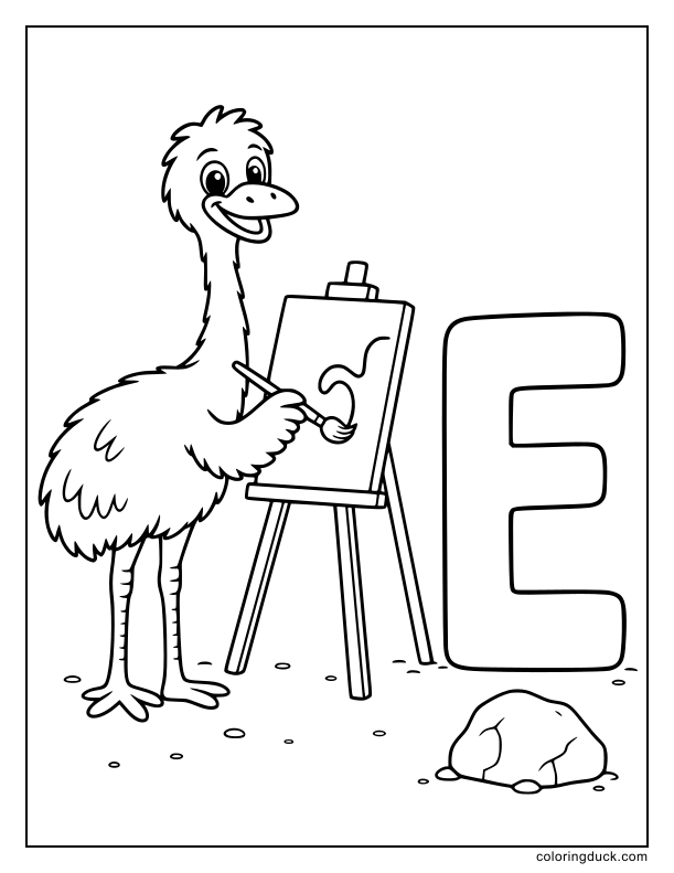 Under the hot outback sun, a tall emu paints on an easel with a huge letter E nearby.