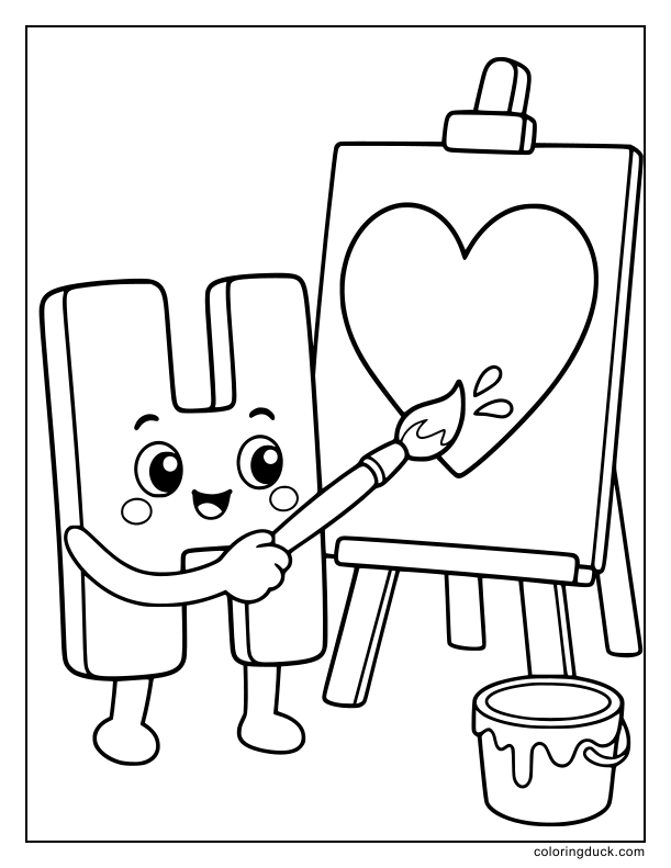 Artistic letter H holding a big brush and painting a giant heart on a canvas.