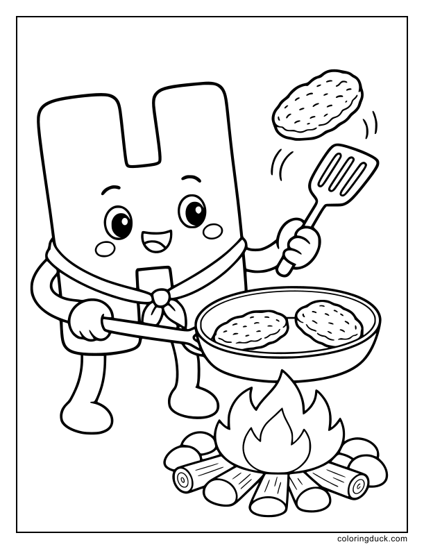 Cheerful letter H flipping golden, crispy hash browns in a skillet over an open fire.