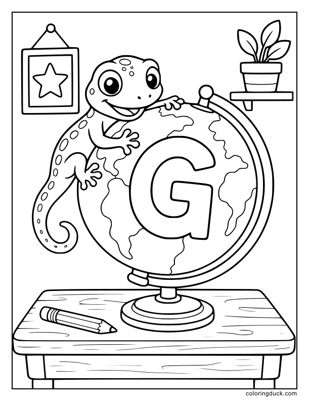 Curious gecko climbing a metal grille on a wall beside a letter G.