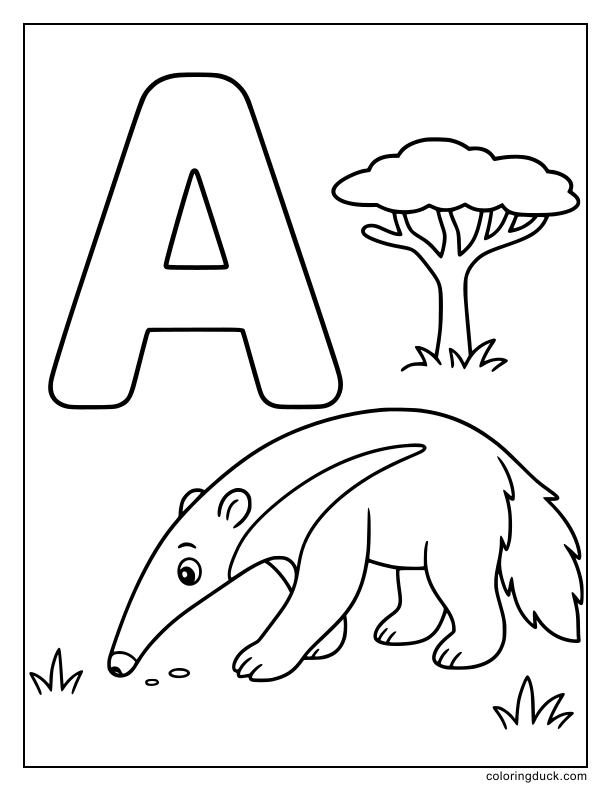 Long-nosed anteater searching for snacks near a giant bold letter A.