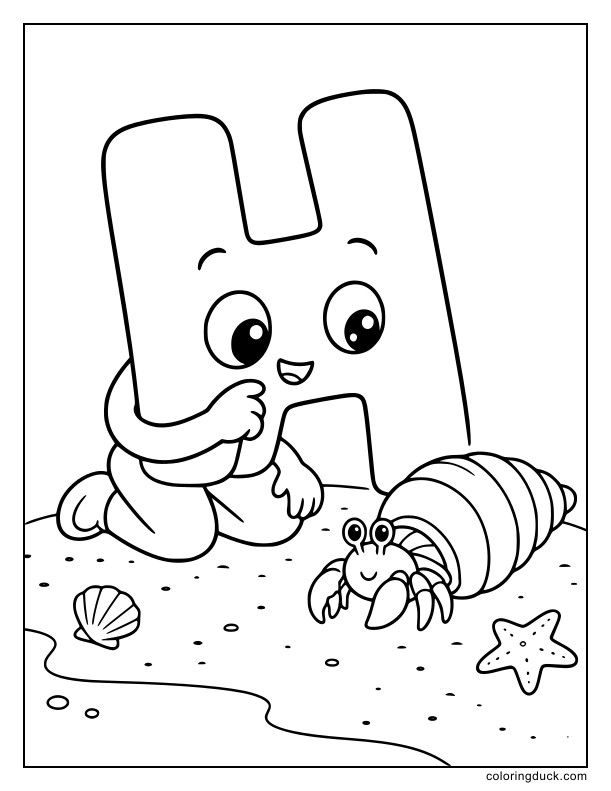 Curious letter H kneeling down to observe a small hermit crab walking out of its shell.