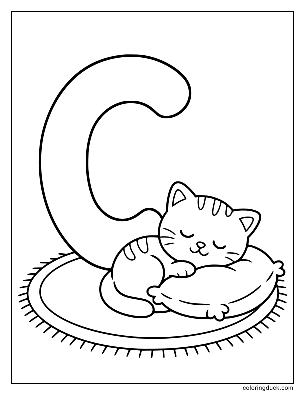 Beside the giant uppercase C, a purring kitten curled up next to a soft cushion.