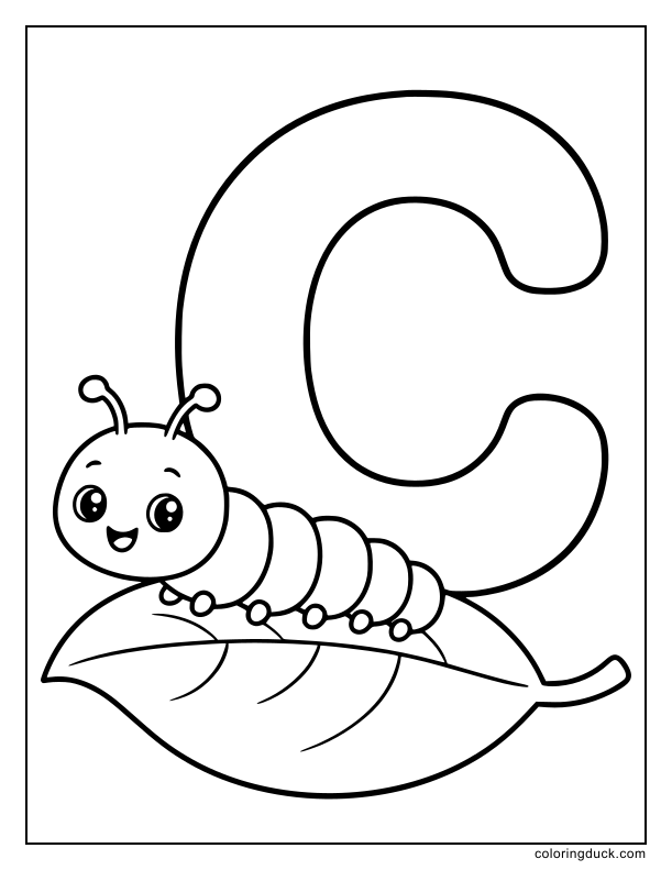Tiny caterpillar wiggling across a green leaf near a smiling letter C.