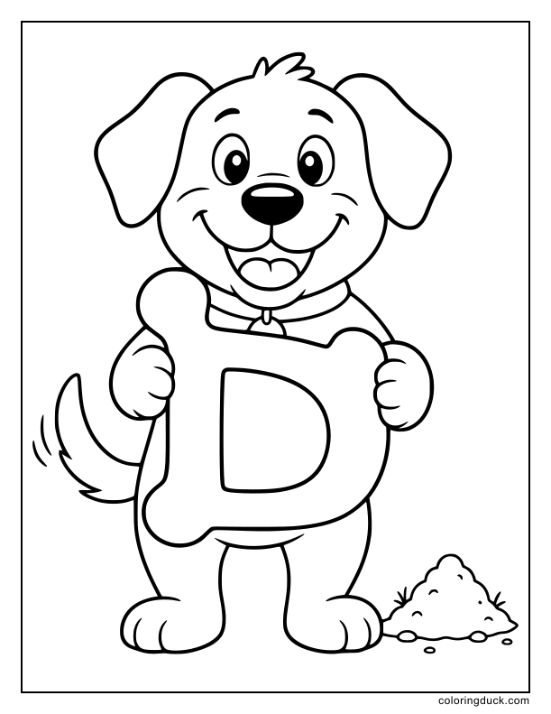 Smiling dog holding a large bone shaped like the uppercase letter D near a small hole.