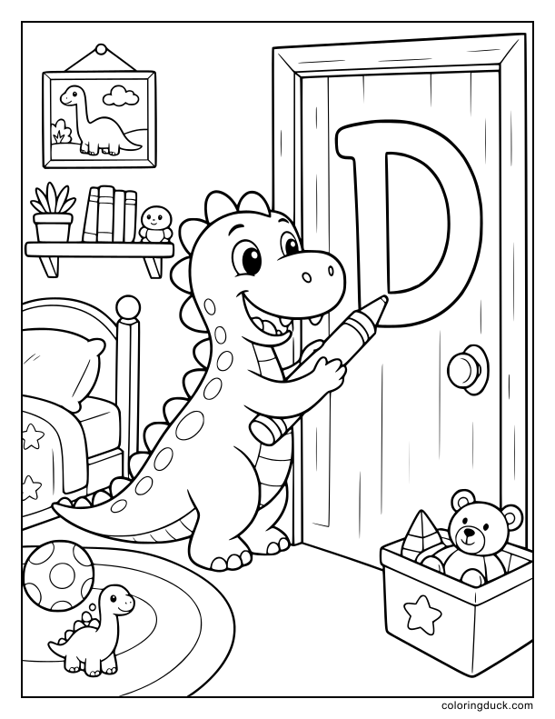 Cheerful little dinosaur using a bright crayon to lovingly draw a giant letter D on a sturdy wooden bedroom door.