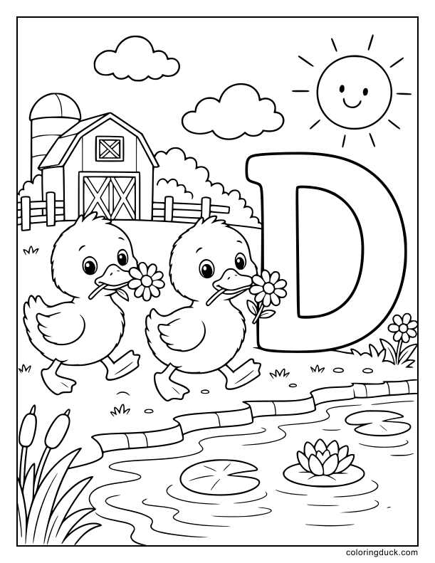 Two fluffy ducklings waddling cheerfully near a pond, carrying beautiful daisies in their beaks right beside a large letter D.