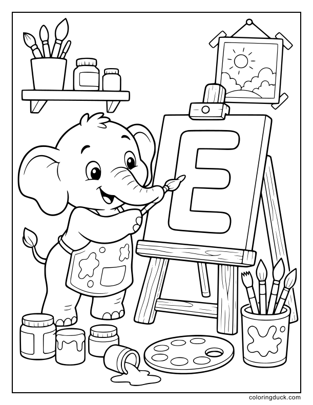 Smiling baby elephant holding a brush in front of a wooden easel with a large letter E on the canvas.