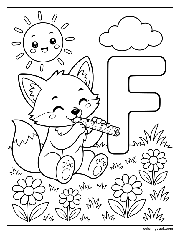 Friendly fox playing a wooden flute while sitting in a sunny meadow.