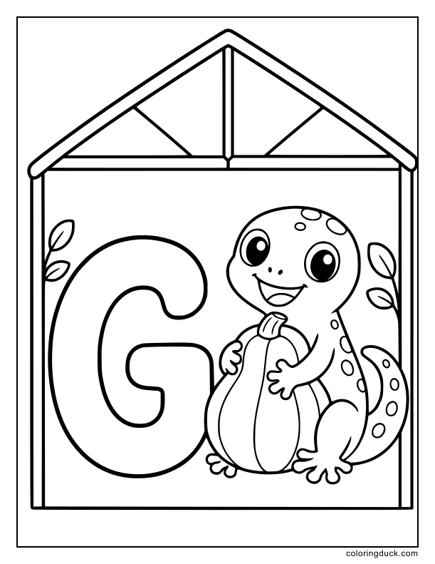 Smiling gecko hugging a bumpy gourd beside a block letter G.