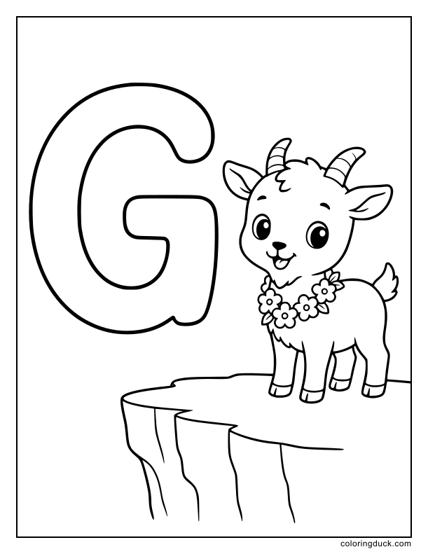 Cute goat wearing a floral garland standing near the edge and a G.