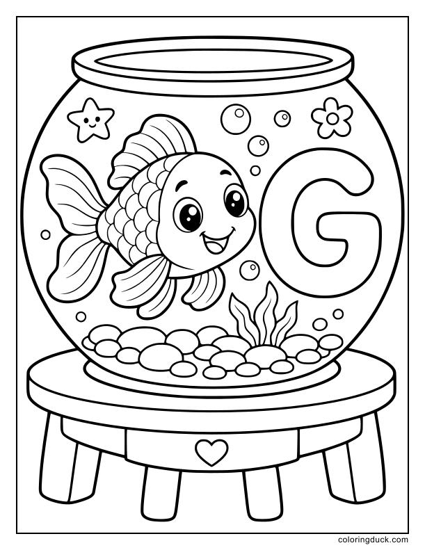 Tiny goldfish wearing round glasses inside a bowl with the letter G.