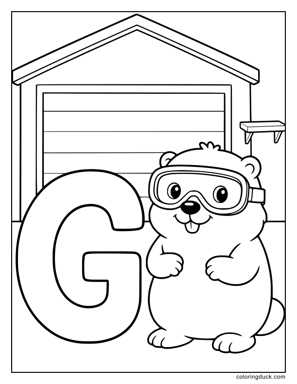 Plump groundhog wearing safety goggles sitting beside a large G.