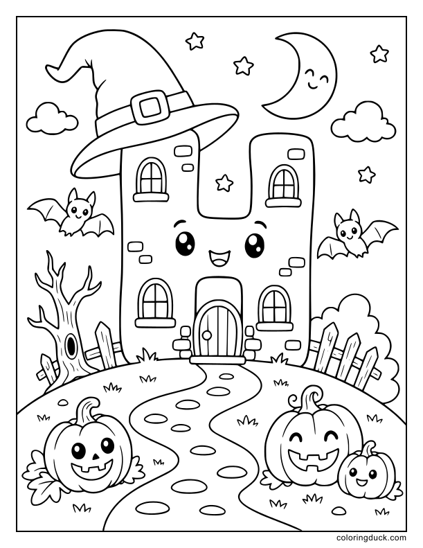 Friendly haunted house shaped like the letter H wearing a witch hat and glowing softly under a crescent moon.