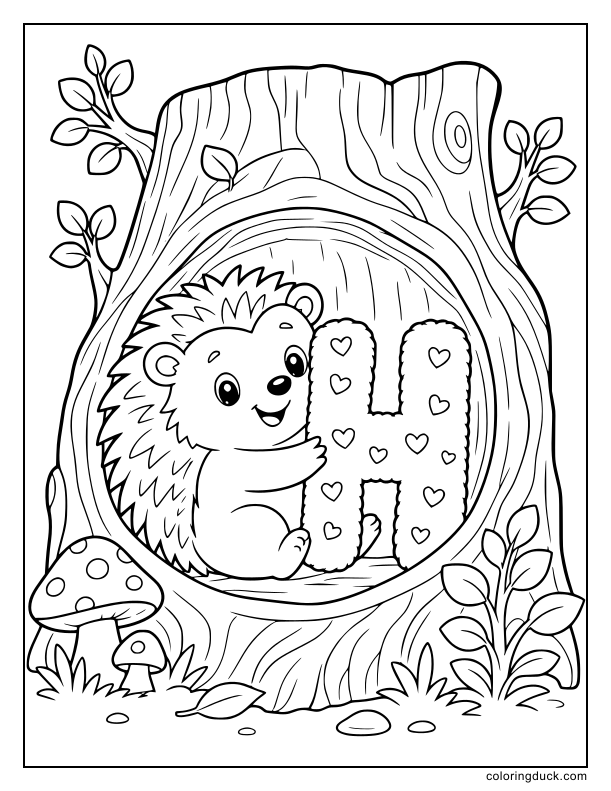 Smiling friendly hedgehog hugging a large fluffy letter H decorated with tiny hearts inside a cozy hollow tree trunk.
