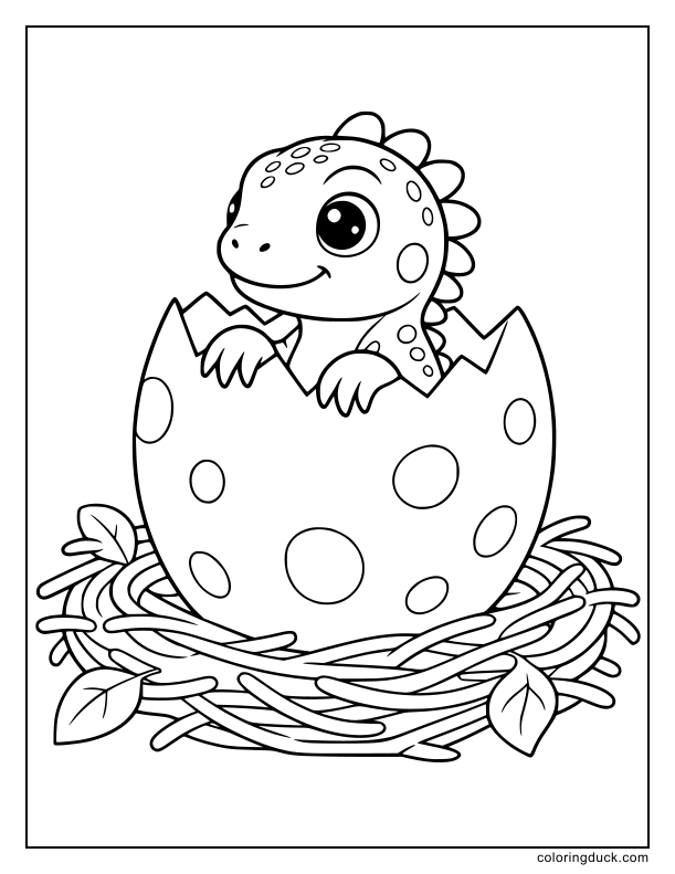 Baby iguana poking its head out of a large cracked egg in a cozy nest.