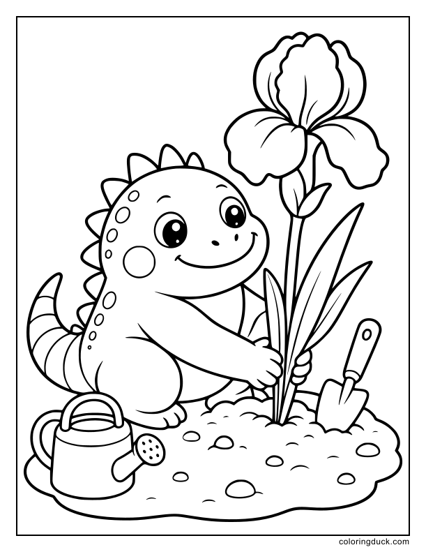 Adorable little iguana planting a big iris flower in the soft dirt.