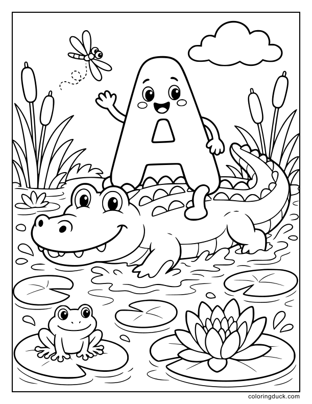 Playful letter A riding on the back of a friendly alligator splashing near beautiful water lilies.