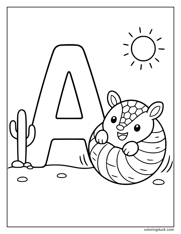 Round little armadillo curled into a ball beside a tall letter A.