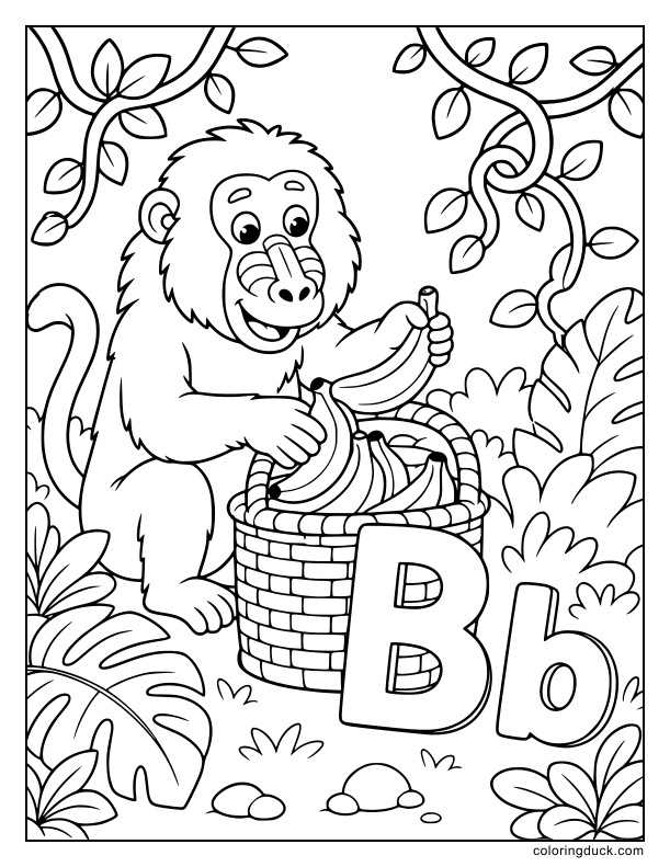 Cute baboon placing yellow bananas into a woven basket hidden among lush bushes with a hidden letter B.