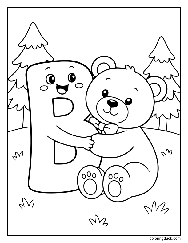Smiling capital letter B wrapping its arms around a fluffy teddy bear.