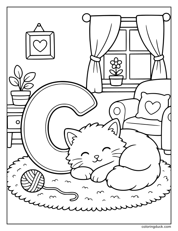 Fluffy cat curled up asleep next to a giant capital letter C on a soft rug.