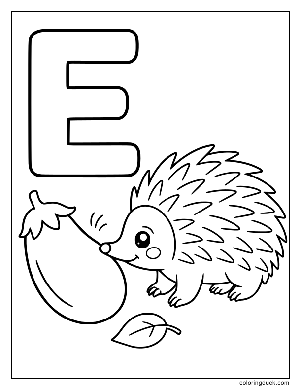 Spiky echidna sniffing a large eggplant beside a bold letter E.