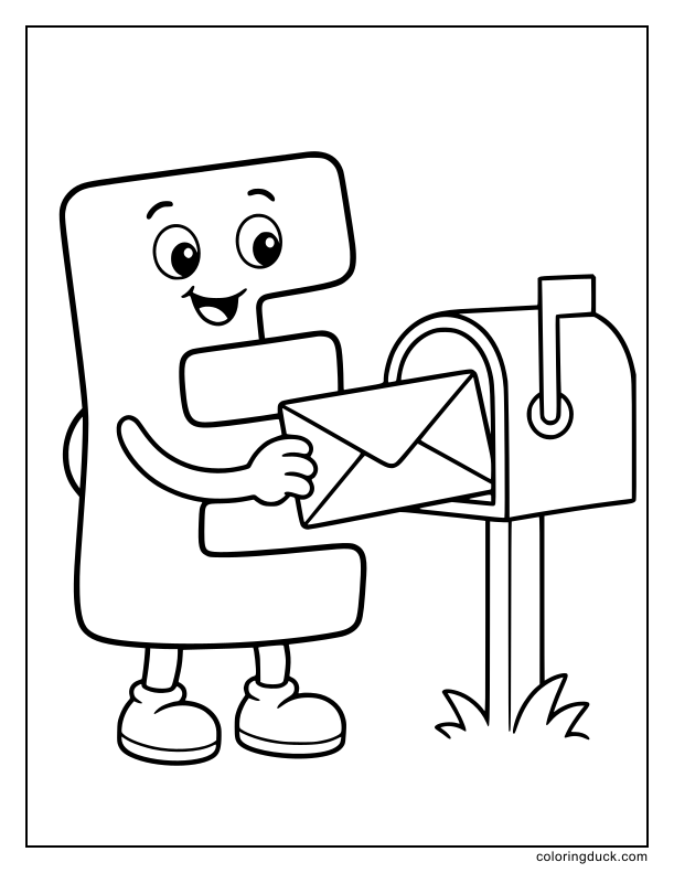 Friendly letter E dropping a sealed envelope into a mailbox.