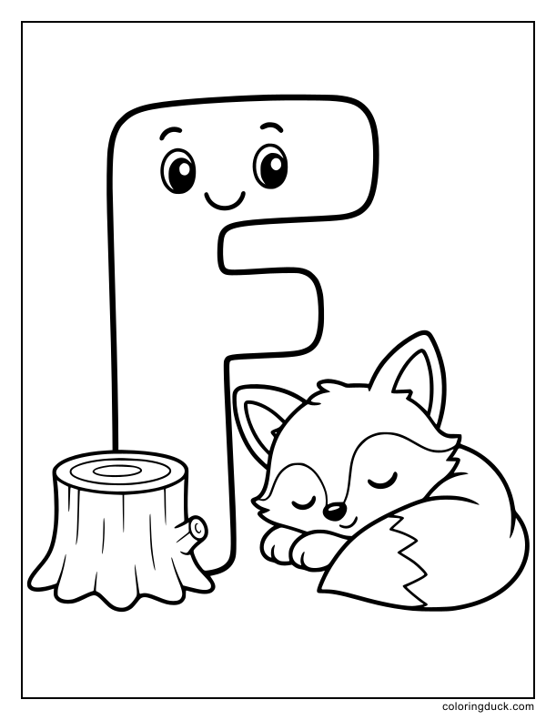 Giant friendly letter F resting next to a sleepy baby fox.
