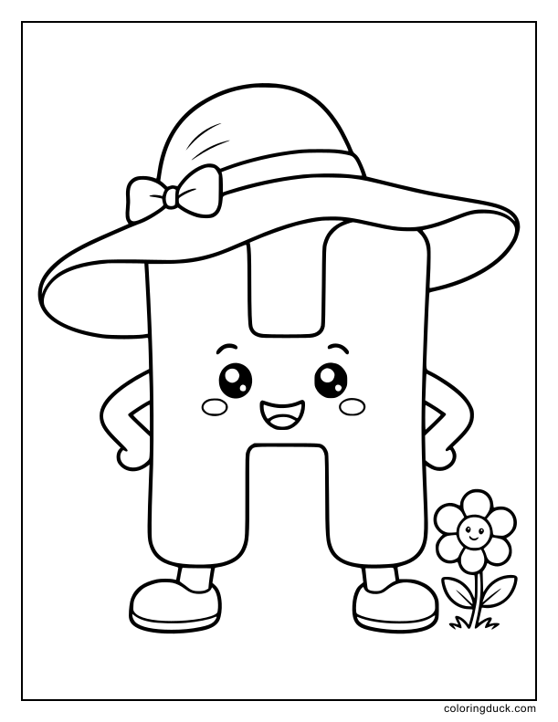 Cheerful letter H standing proudly outdoors with a giant floppy sun hat on its head.