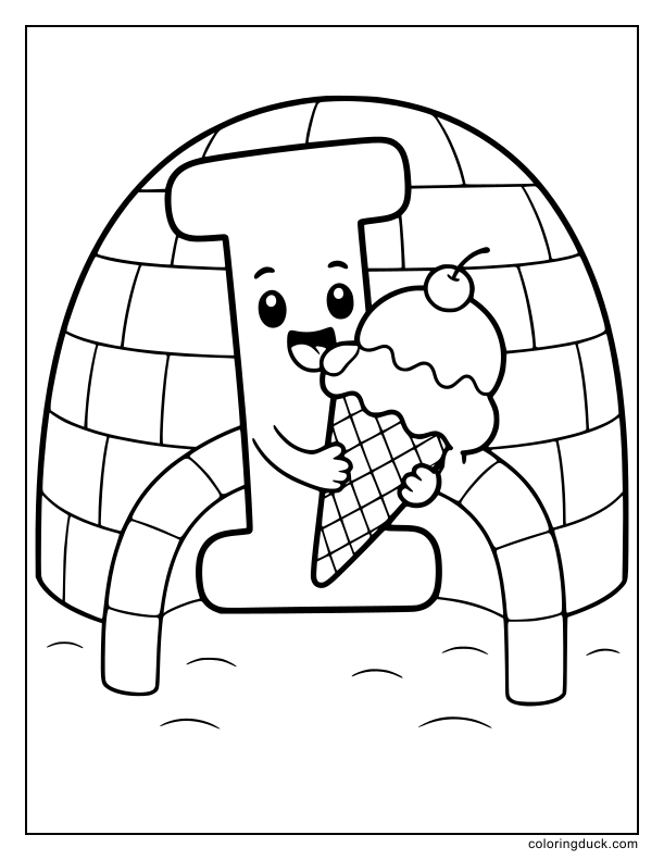 Large smiling Letter I enjoying a huge ice cream cone inside a cozy igloo.