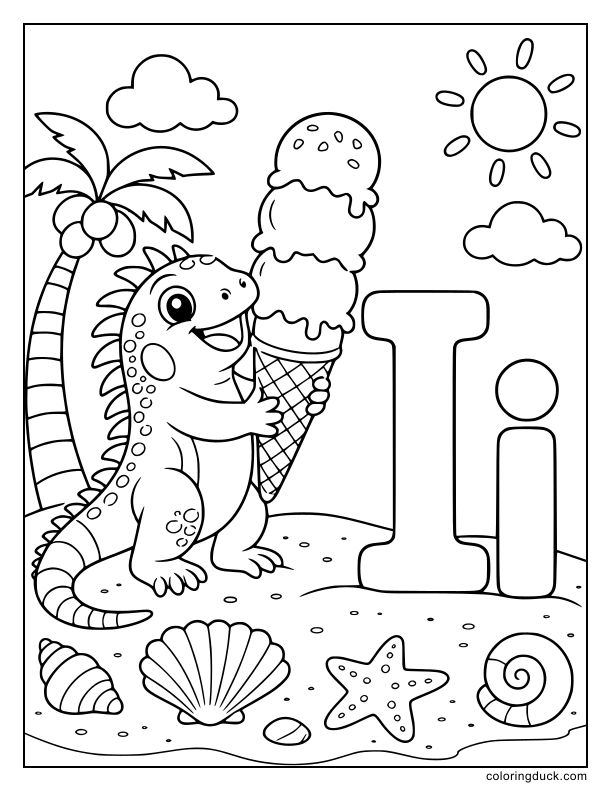 Friendly iguana holding a large ice cream cone next to a giant capital and lowercase letter I.