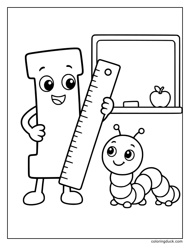 Friendly letter I holding a big ruler next to a smiling little inchworm.