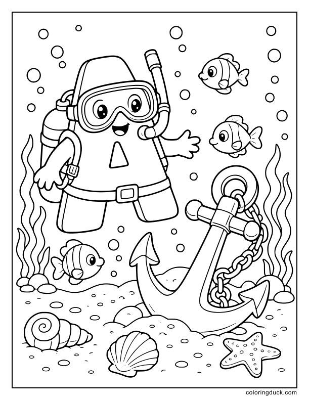 Bubbles rising around the letter A exploring a sunken heavy anchor surrounded by curious little fish.