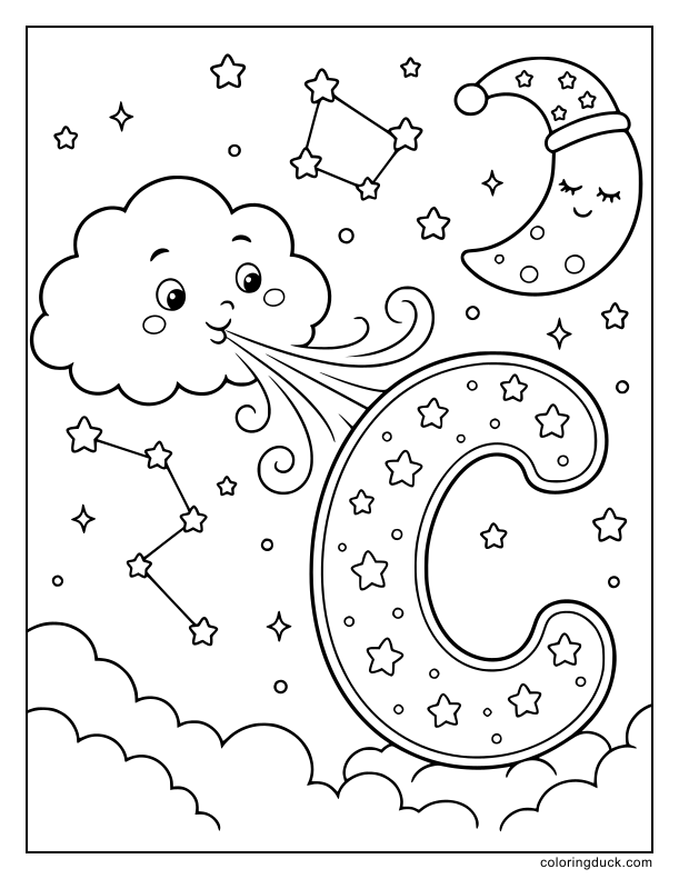 Fluffy smiling cloud blowing gentle wind around a big star-covered letter C.