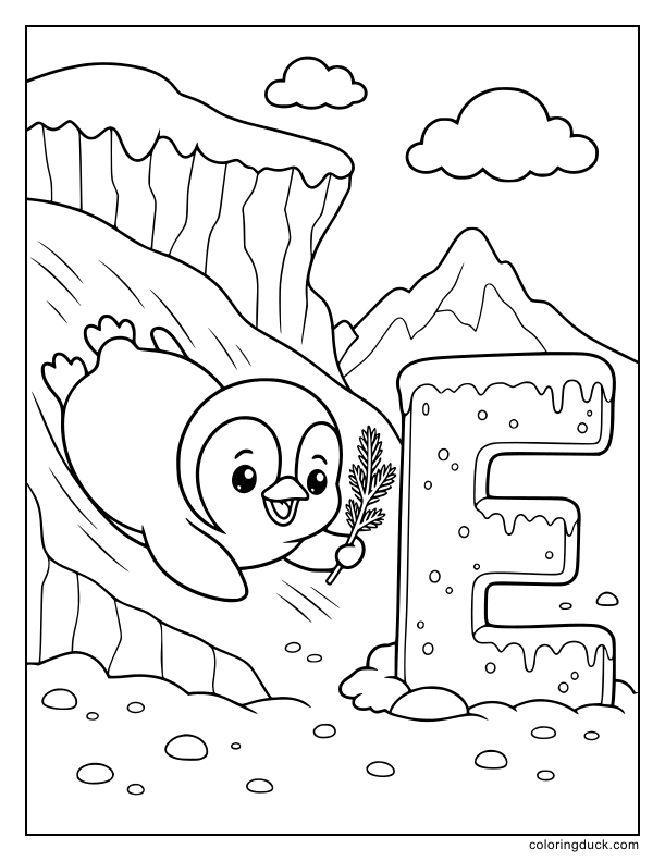 Down the icy slope, an emperor penguin sliding on its belly holding a small evergreen branch with a frosty E.