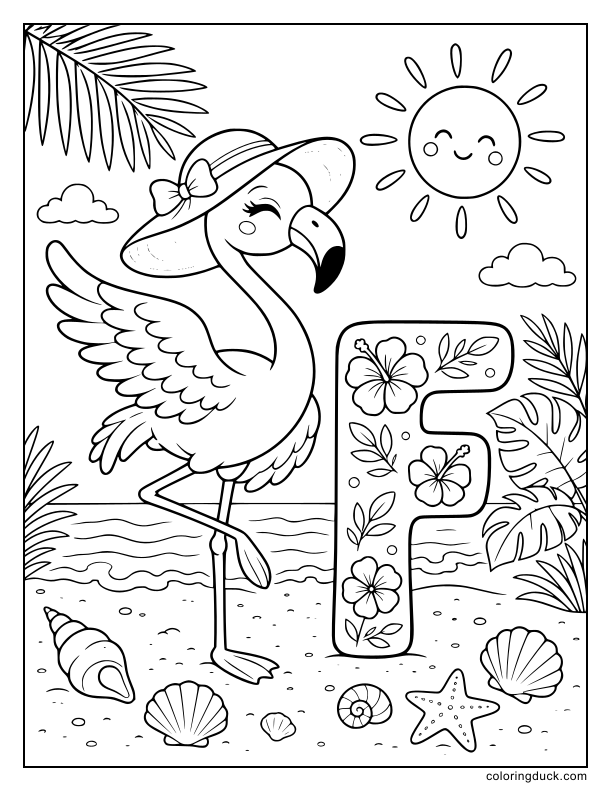 Tall flamingo wearing a summer hat dancing happily on the sand.