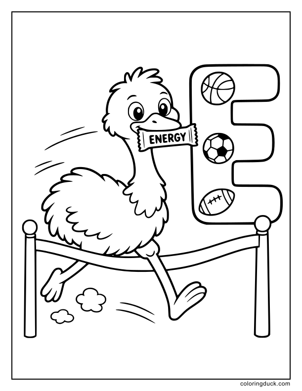 Emu running with an energy bar next to a sports-themed letter E.