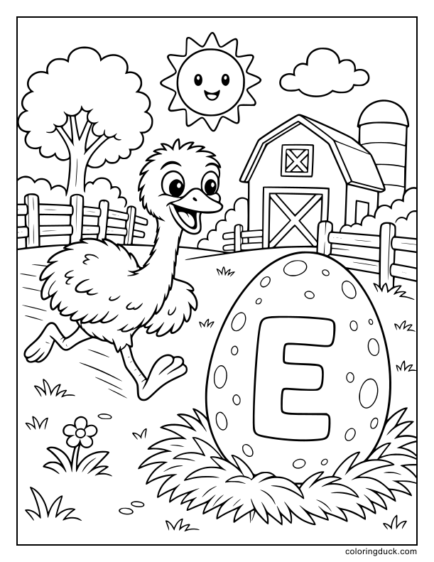 Across the sunny farm, a fast emu sprinting to protect a giant speckled egg decorated with the letter E.