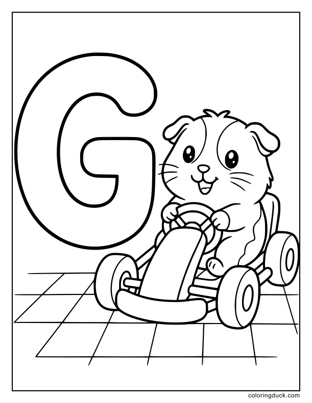 Playful guinea pig driving a small go-kart over a grid by a letter G.