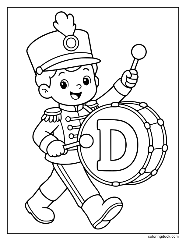 Toy soldier playing a very large drum with the letter D painted on the side.