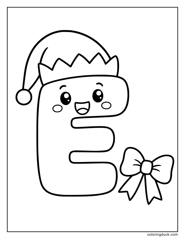 Festive letter E trying on a tiny elf hat surrounded by ribbon.