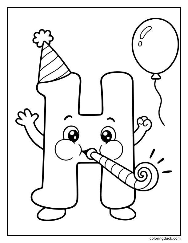 Excited letter H puffing its cheeks to blow a loud, curly party horn.