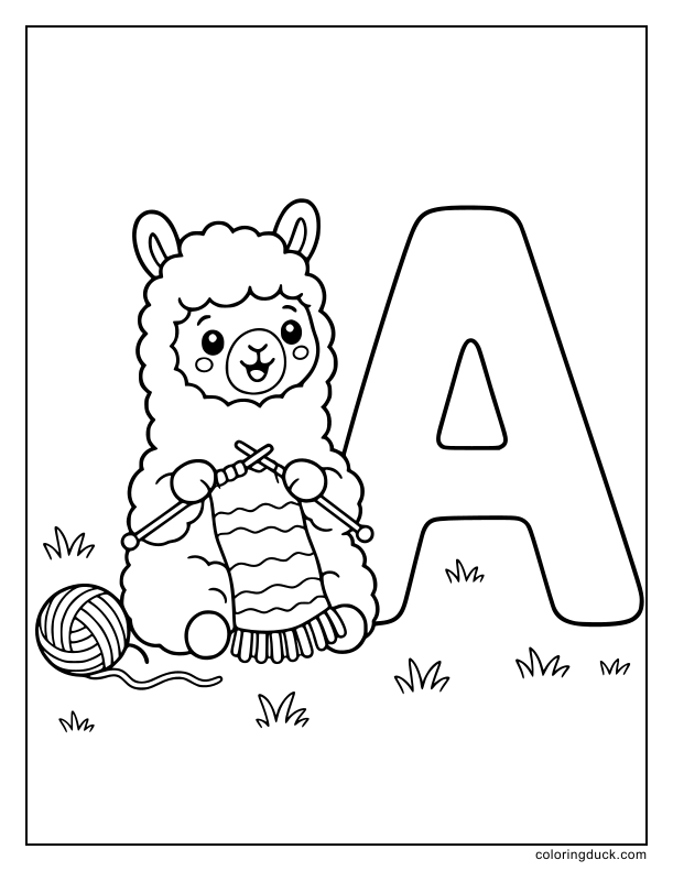 Woolly cute alpaca standing proudly near a giant letter A in the grass.