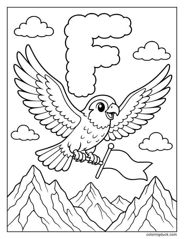Majestic falcon flying high in the sky carrying a small flag.