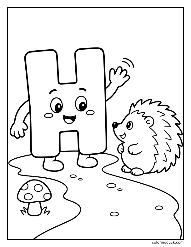 Happy letter H waving cheerfully at a tiny, round hedgehog crossing the path.