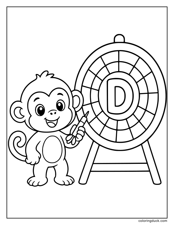 Tiny monkey aiming a toy dart at a large round board with a bold letter D in the middle.