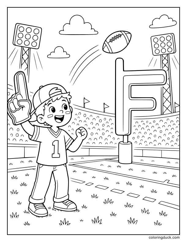 Cheerful fan holding a foam finger cheering for a flying football.