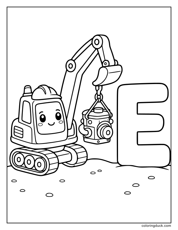 One toy excavator lifting a tiny engine near a massive block letter E.
