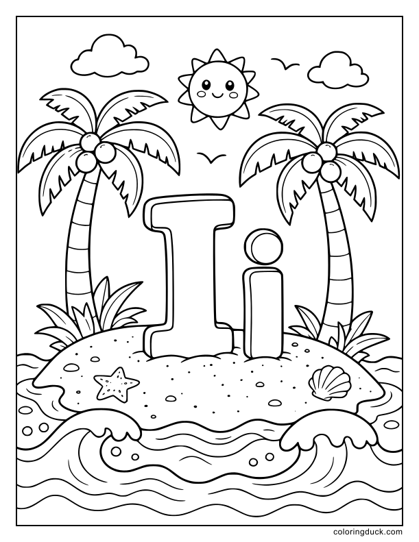 Sandy tropical island featuring a giant letter I planted right in the center.